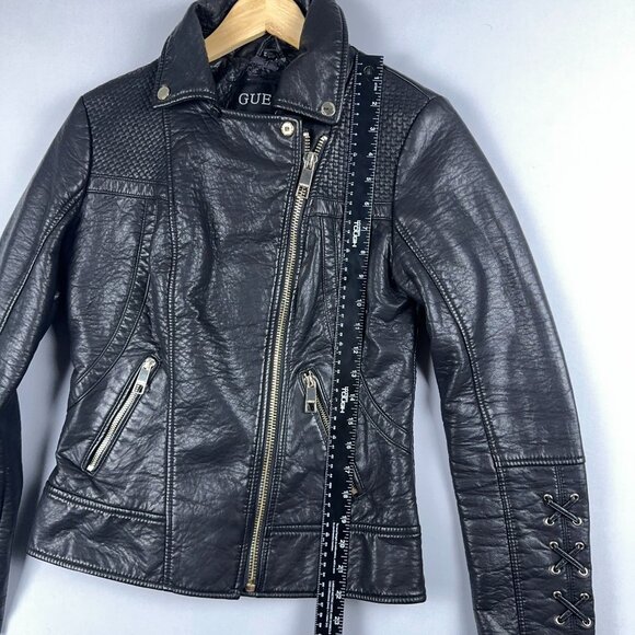 GUESS Leather Moto Biker Jacket Womens Size X Small Lace Up Sleeves Black - Picture 10 of 15